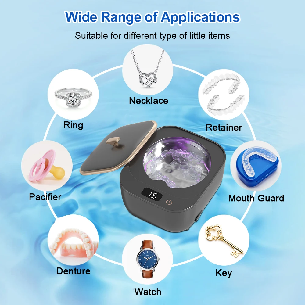 מכונת ניקוי תכשיטים ותותבות קולי Enjoysmile – ניקוי עמוק באמצעות Ultrasonic ואור סגול UV. מתאימה לתותבות, ריטיינרים, תכשיטים, שעונים ומשקפיים. קומפקטית וניידת.