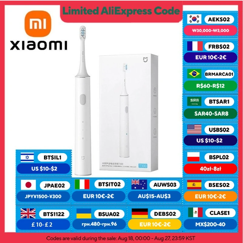 Xiaomi Mijia Sonic Electric Toothbrush T300 – מברשת שיניים חשמלית סונית נטענת עם מנוע חזק, 2 מצבים חכמים, טיימר מובנה ועמידות למים IPX7. סוללה עד 25 ימים, ראשי Dupont רכים להלבנת שיניים וניקוי עמוק.